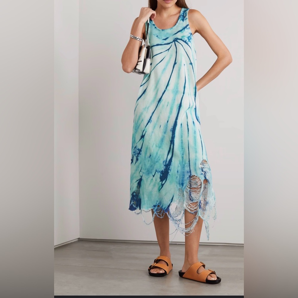 R13 Blue & Teal Tie-Dye Distressed Midi Dress